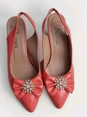 EY Boutique Peach Bows Womens Shoes Sz 10 Medium Heels Rhinestones Patent Leathr
